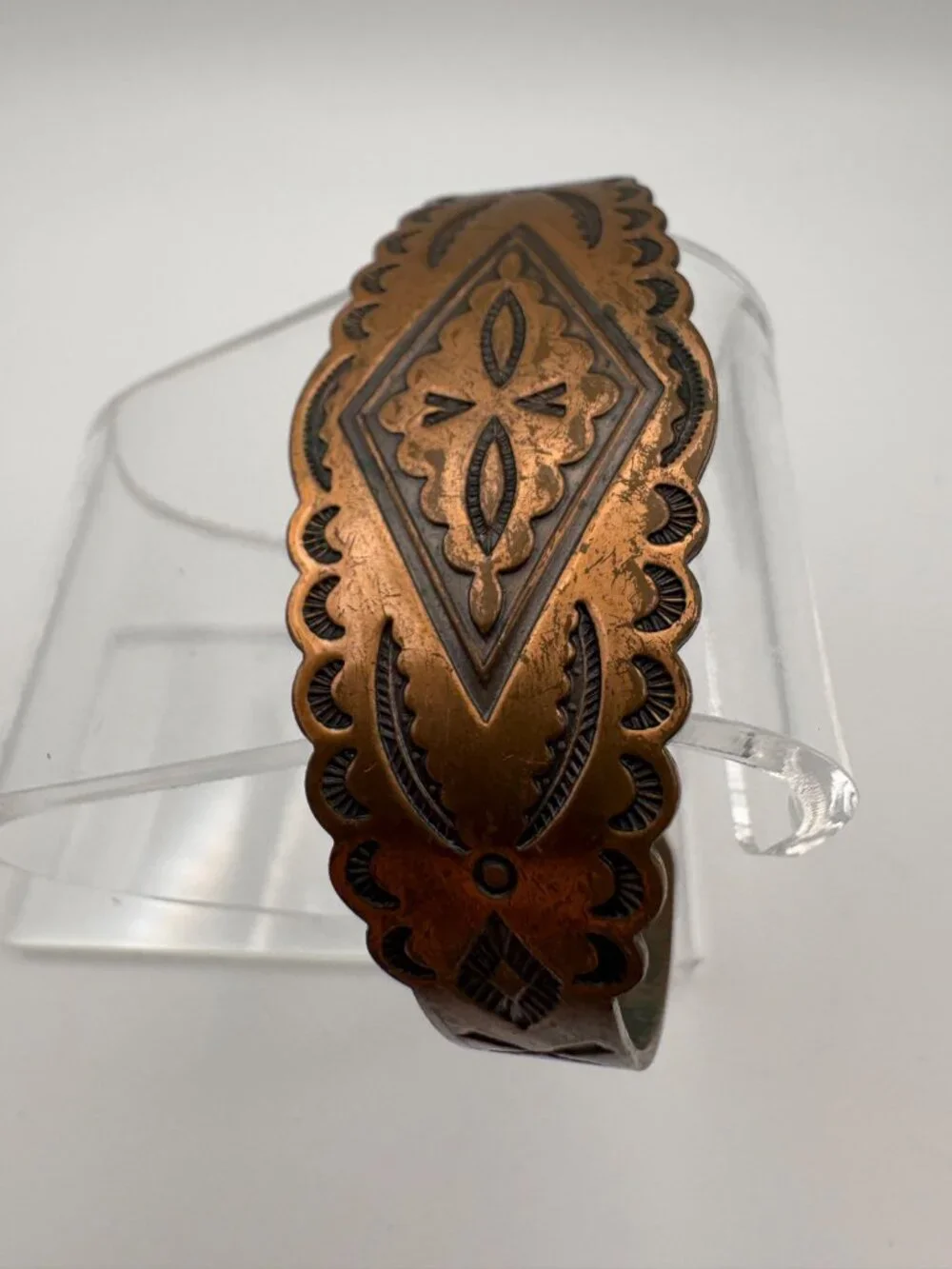 Vintage Solid Copper Stamped Cuff Bracelet Southwestern Diamond Scalloped Band